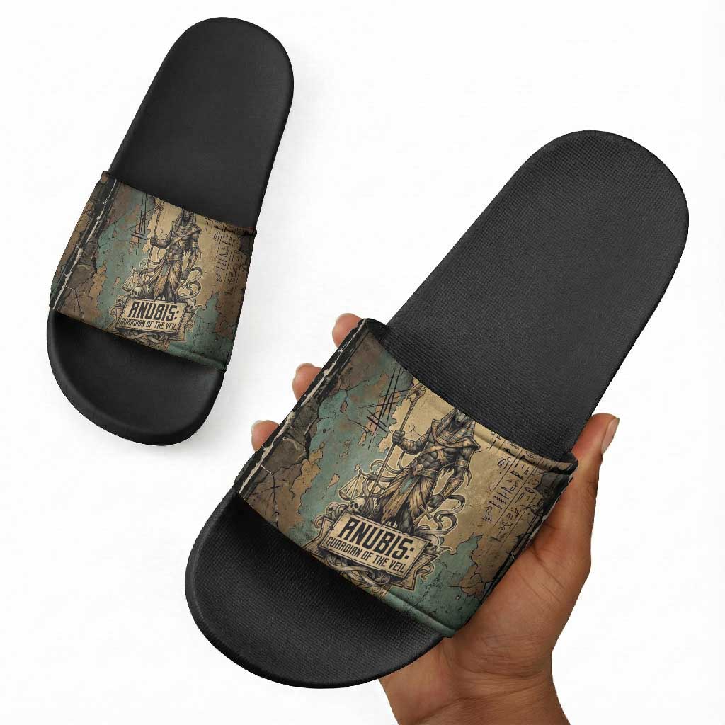 Anubis Slide Sandals Ancient Egyptian Aged Papyrus, Scales of Justice, and Egyptian Hieroglyph - Wonder Print Shop