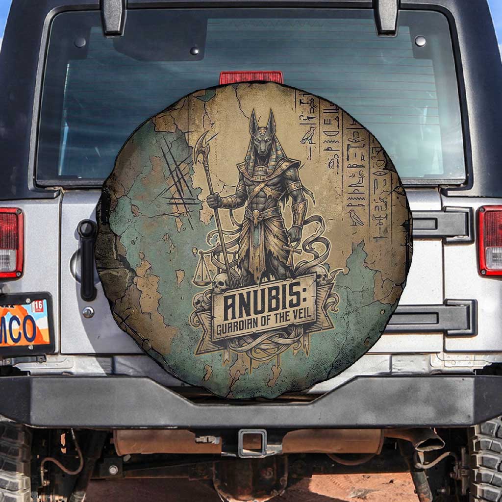 Anubis Spare Tire Cover Ancient Egyptian Aged Papyrus, Scales of Justice, and Egyptian Hieroglyph - Wonder Print Shop