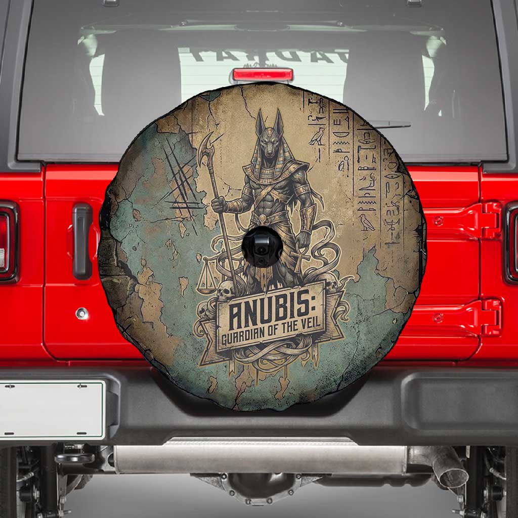 Anubis Spare Tire Cover Ancient Egyptian Aged Papyrus, Scales of Justice, and Egyptian Hieroglyph - Wonder Print Shop