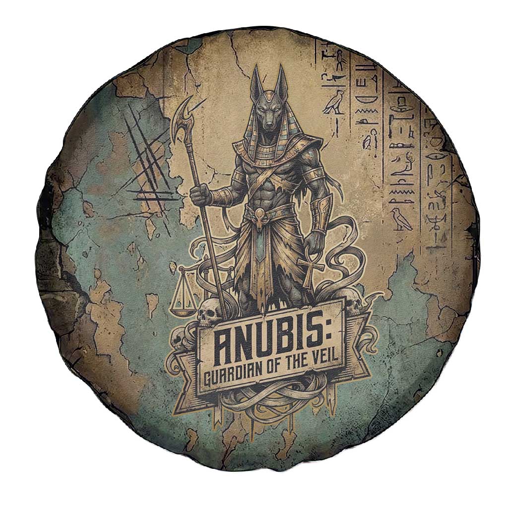 Anubis Spare Tire Cover Ancient Egyptian Aged Papyrus, Scales of Justice, and Egyptian Hieroglyph - Wonder Print Shop