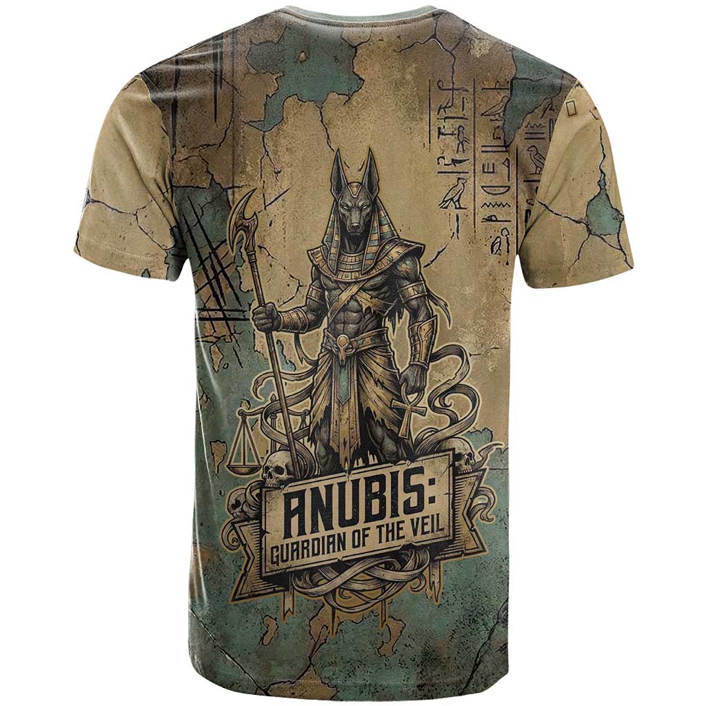 Anubis T shirt Ancient Egyptian Aged Papyrus, Scales of Justice, and Egyptian Hieroglyph - Wonder Print Shop