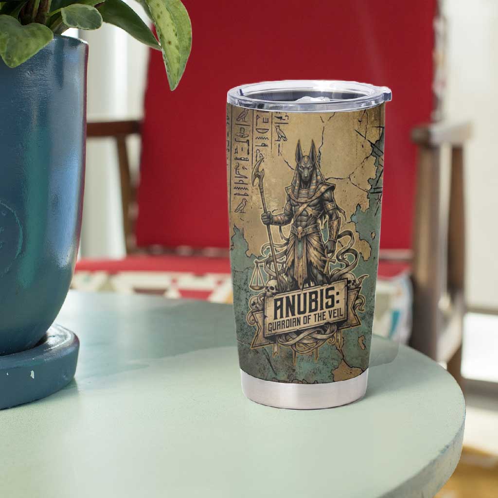 Anubis Tumbler Cup Ancient Egyptian Aged Papyrus, Scales of Justice, and Egyptian Hieroglyph - Wonder Print Shop