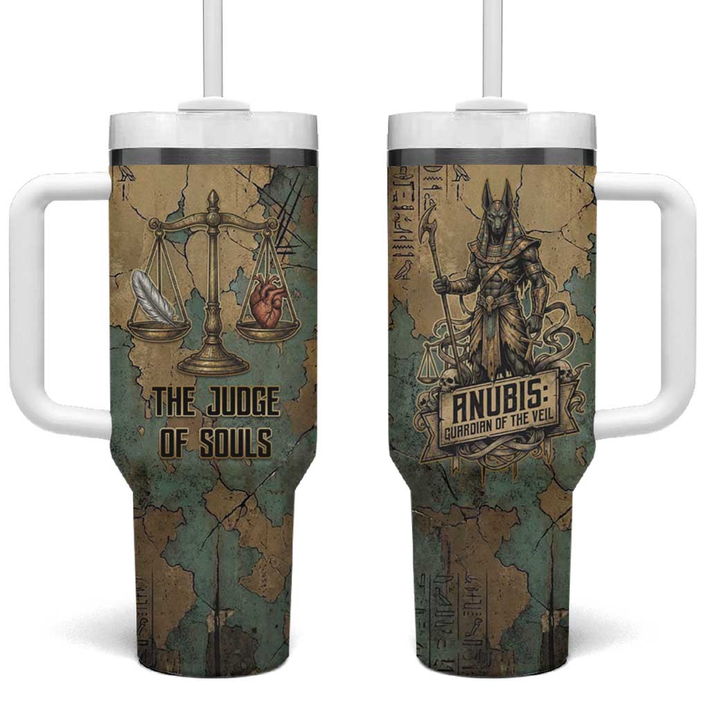 Anubis Tumbler With Handle Ancient Egyptian Aged Papyrus, Scales of Justice, and Egyptian Hieroglyph - Wonder Print Shop