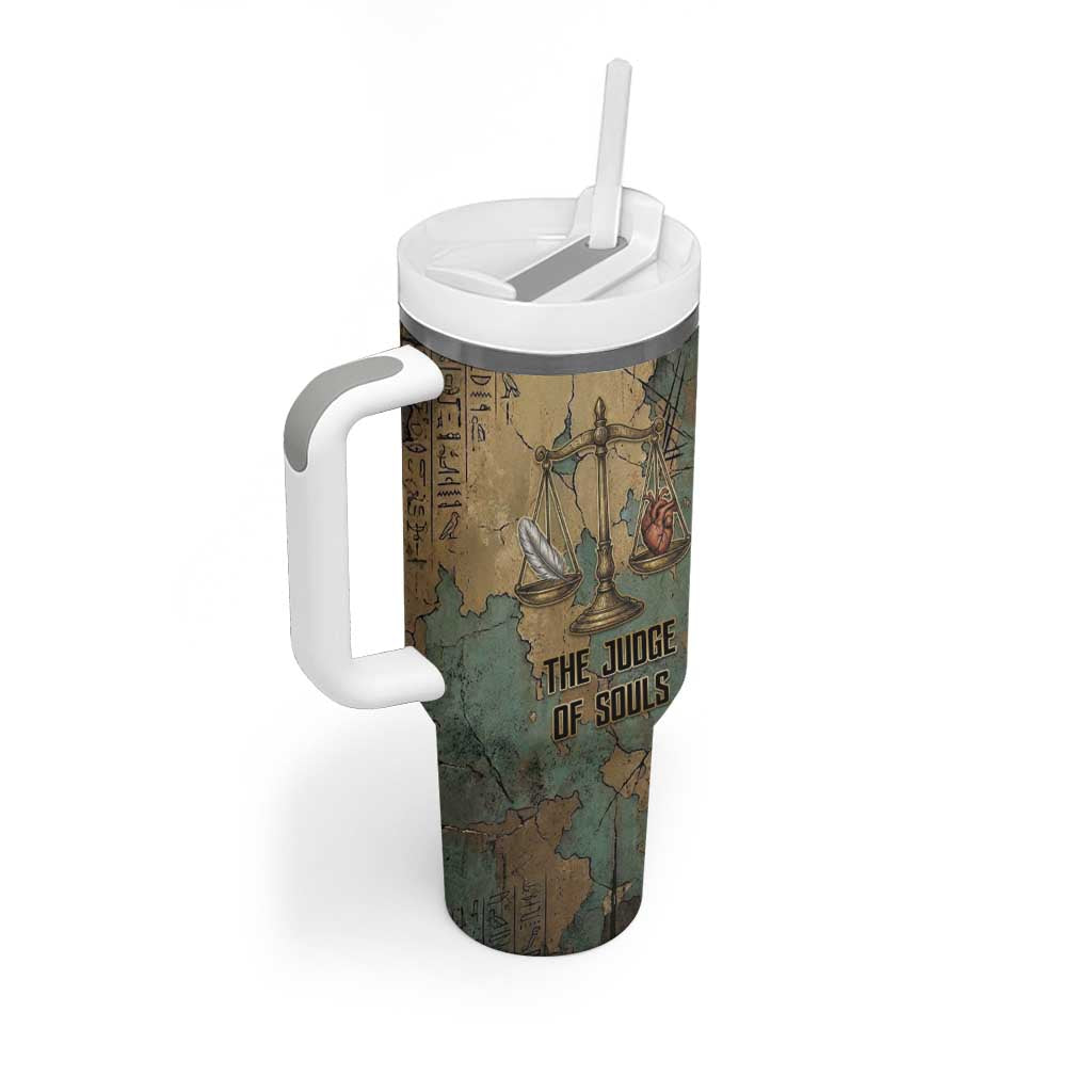Anubis Tumbler With Handle Ancient Egyptian Aged Papyrus, Scales of Justice, and Egyptian Hieroglyph - Wonder Print Shop