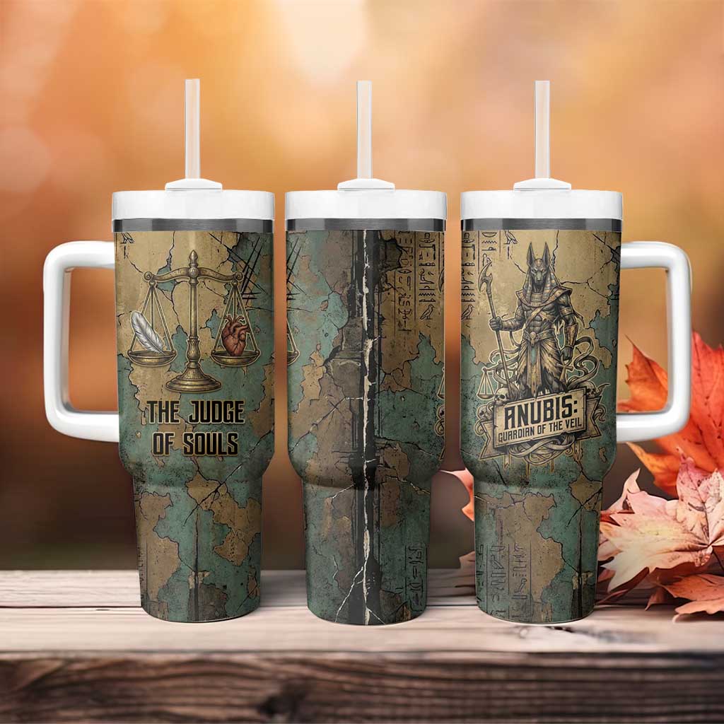 Anubis Tumbler With Handle Ancient Egyptian Aged Papyrus, Scales of Justice, and Egyptian Hieroglyph - Wonder Print Shop