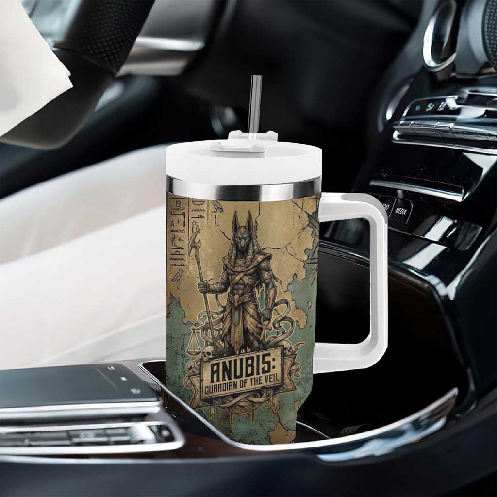 Anubis Tumbler With Handle Ancient Egyptian Aged Papyrus, Scales of Justice, and Egyptian Hieroglyph - Wonder Print Shop