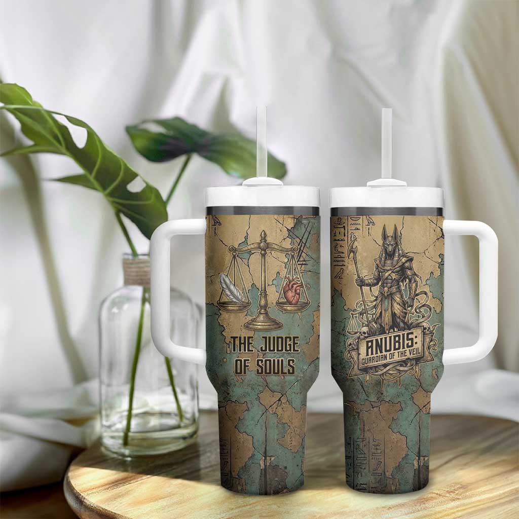 Anubis Tumbler With Handle Ancient Egyptian Aged Papyrus, Scales of Justice, and Egyptian Hieroglyph - Wonder Print Shop