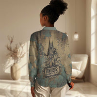 Anubis Women Casual Shirt Ancient Egyptian Aged Papyrus, Scales of Justice, and Egyptian Hieroglyph - Wonder Print Shop