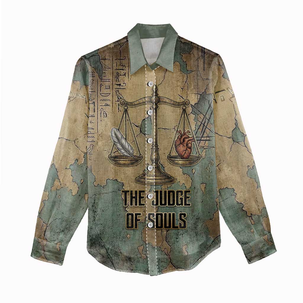 Anubis Women Casual Shirt Ancient Egyptian Aged Papyrus, Scales of Justice, and Egyptian Hieroglyph - Wonder Print Shop