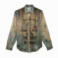 Anubis Women Casual Shirt Ancient Egyptian Aged Papyrus, Scales of Justice, and Egyptian Hieroglyph - Wonder Print Shop