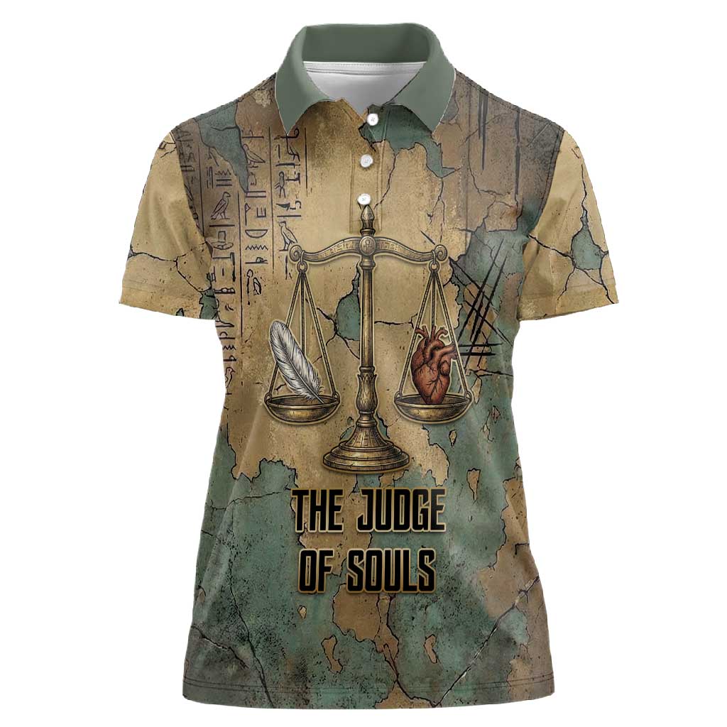 Anubis Women Polo Shirt Ancient Egyptian Aged Papyrus, Scales of Justice, and Egyptian Hieroglyph - Wonder Print Shop