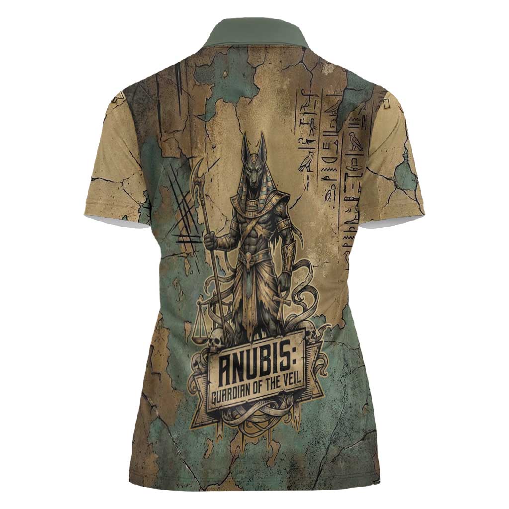 Anubis Women Polo Shirt Ancient Egyptian Aged Papyrus, Scales of Justice, and Egyptian Hieroglyph - Wonder Print Shop
