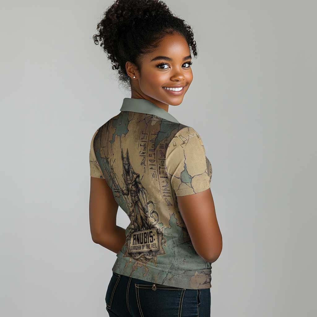 Anubis Women Polo Shirt Ancient Egyptian Aged Papyrus, Scales of Justice, and Egyptian Hieroglyph - Wonder Print Shop