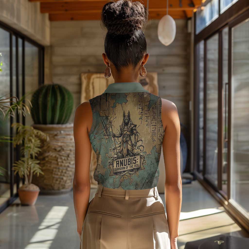 Anubis Women Sleeveless Polo Shirt Ancient Egyptian Aged Papyrus, Scales of Justice, and Egyptian Hieroglyph - Wonder Print Shop