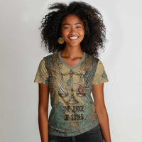 Anubis Women V-Neck T-Shirt Ancient Egyptian Aged Papyrus, Scales of Justice, and Egyptian Hieroglyph - Wonder Print Shop
