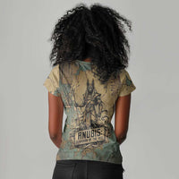 Anubis Women V-Neck T-Shirt Ancient Egyptian Aged Papyrus, Scales of Justice, and Egyptian Hieroglyph - Wonder Print Shop