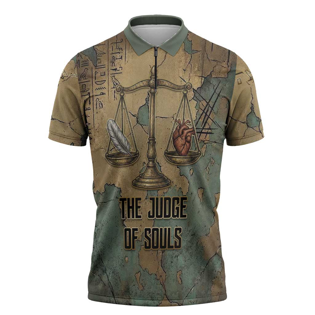Anubis Zipper Polo Shirt Ancient Egyptian Aged Papyrus, Scales of Justice, and Egyptian Hieroglyph - Wonder Print Shop