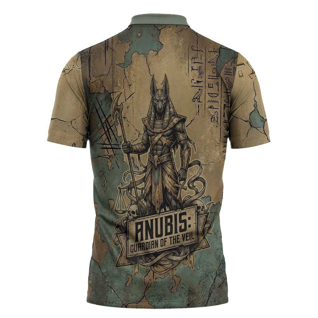 Anubis Zipper Polo Shirt Ancient Egyptian Aged Papyrus, Scales of Justice, and Egyptian Hieroglyph - Wonder Print Shop