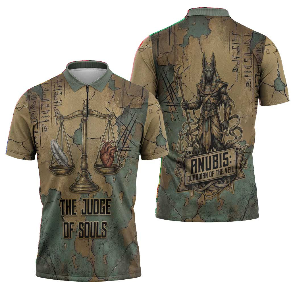 Anubis Zipper Polo Shirt Ancient Egyptian Aged Papyrus, Scales of Justice, and Egyptian Hieroglyph - Wonder Print Shop
