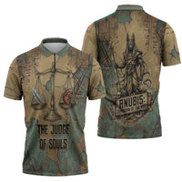 Anubis Zipper Polo Shirt Ancient Egyptian Aged Papyrus, Scales of Justice, and Egyptian Hieroglyph - Wonder Print Shop