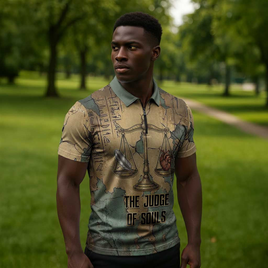Anubis Zipper Polo Shirt Ancient Egyptian Aged Papyrus, Scales of Justice, and Egyptian Hieroglyph - Wonder Print Shop