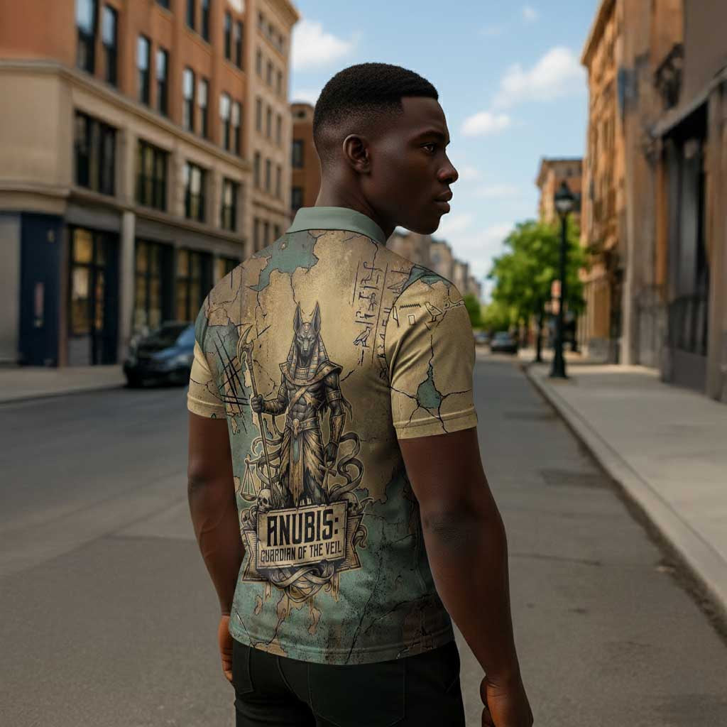 Anubis Zipper Polo Shirt Ancient Egyptian Aged Papyrus, Scales of Justice, and Egyptian Hieroglyph - Wonder Print Shop