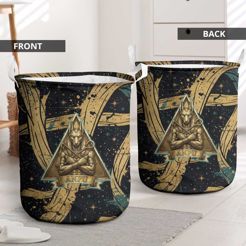 Anubis Ancient Egyptian Laundry Basket with Starry Mummy Wrap Pattern, Anubis Warrior Illustration, and Pyramid - Wonder Print Shop