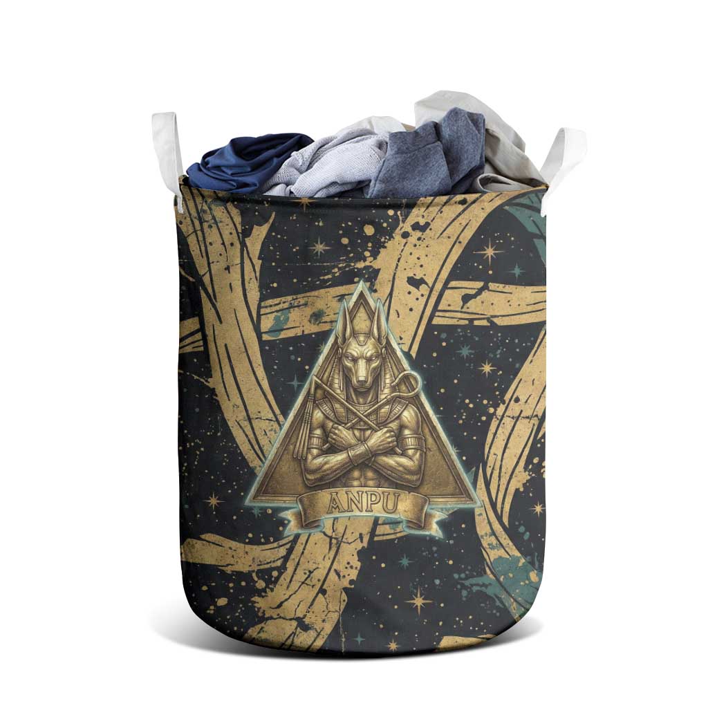 Anubis Ancient Egyptian Laundry Basket with Starry Mummy Wrap Pattern, Anubis Warrior Illustration, and Pyramid - Wonder Print Shop