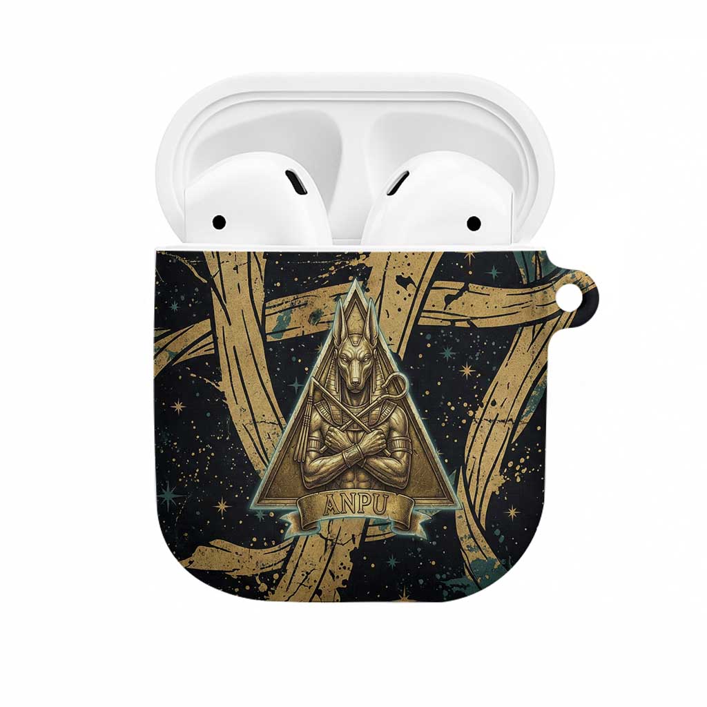 Anubis Ancient Egyptian AirPods Case with Starry Mummy Wrap Pattern, Anubis Warrior Illustration, and Pyramid - Wonder Print Shop
