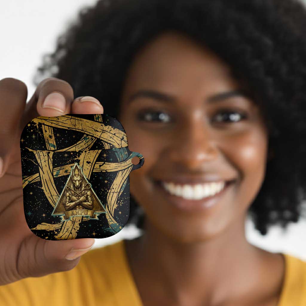 Anubis Ancient Egyptian AirPods Case with Starry Mummy Wrap Pattern, Anubis Warrior Illustration, and Pyramid - Wonder Print Shop