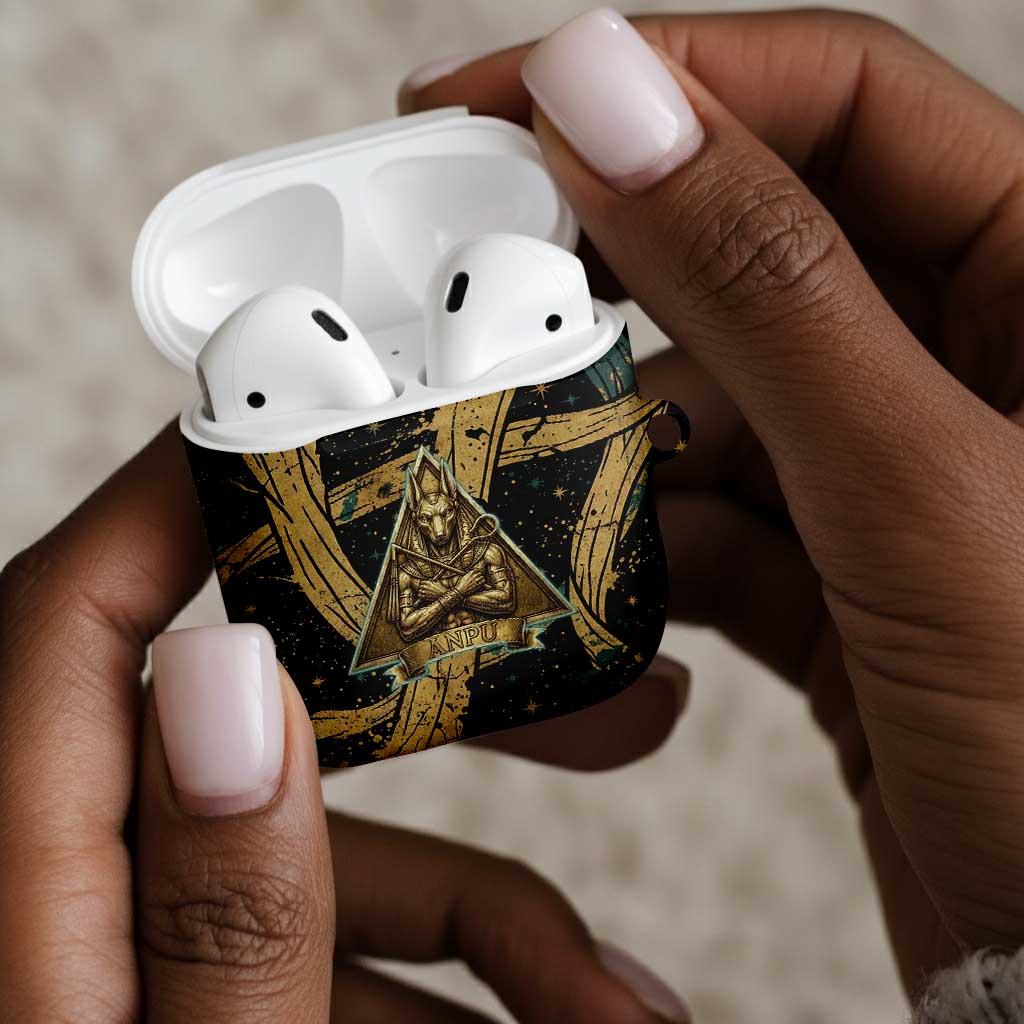 Anubis Ancient Egyptian AirPods Case with Starry Mummy Wrap Pattern, Anubis Warrior Illustration, and Pyramid - Wonder Print Shop