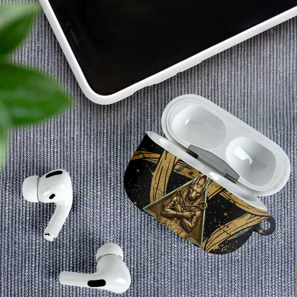 Anubis Ancient Egyptian AirPods Case with Starry Mummy Wrap Pattern, Anubis Warrior Illustration, and Pyramid - Wonder Print Shop