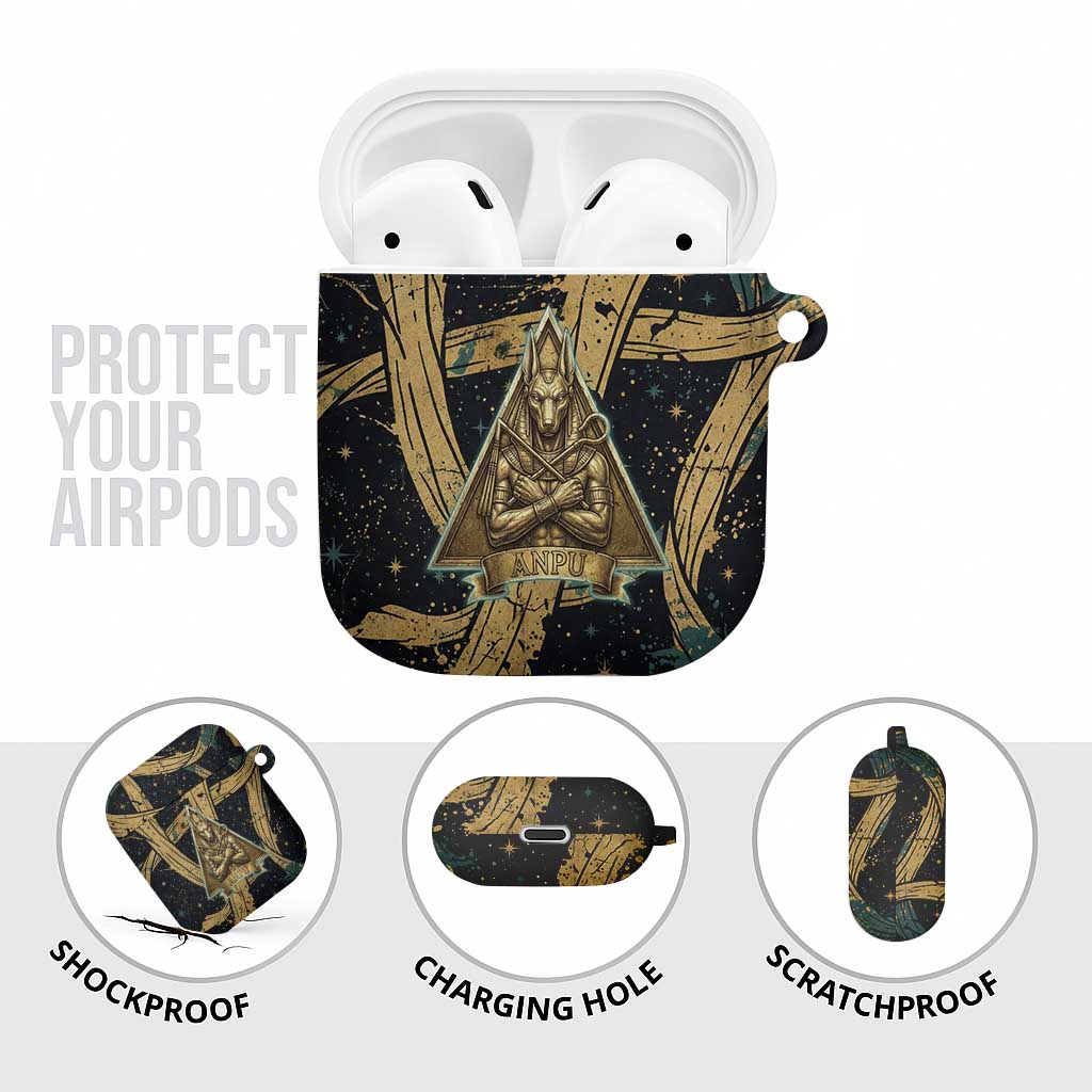 Anubis Ancient Egyptian AirPods Case with Starry Mummy Wrap Pattern, Anubis Warrior Illustration, and Pyramid - Wonder Print Shop