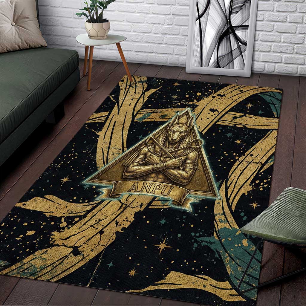 Anubis Ancient Egyptian Area Rug with Starry Mummy Wrap Pattern, Anubis Warrior Illustration, and Pyramid - Wonder Print Shop