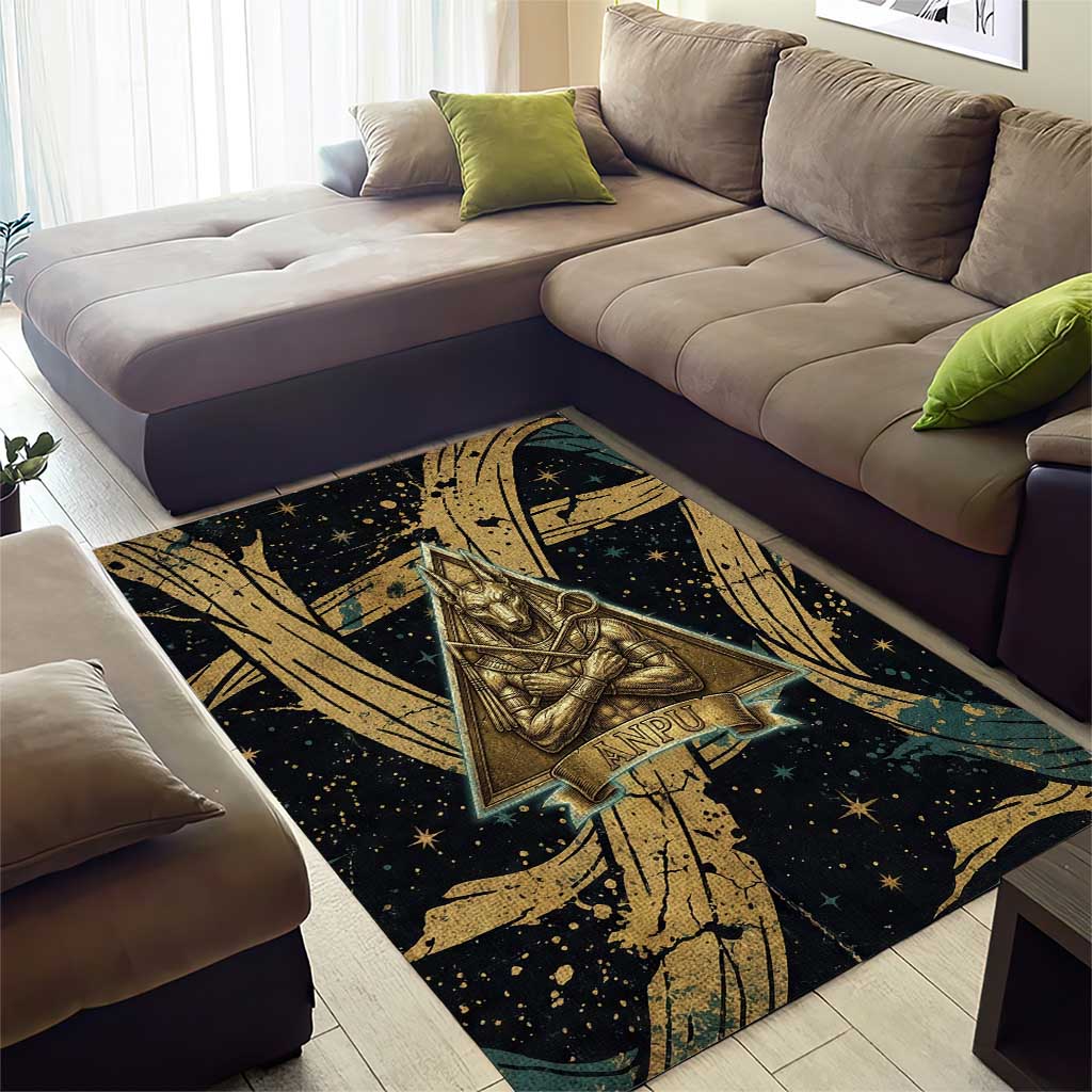 Anubis Ancient Egyptian Area Rug with Starry Mummy Wrap Pattern, Anubis Warrior Illustration, and Pyramid - Wonder Print Shop