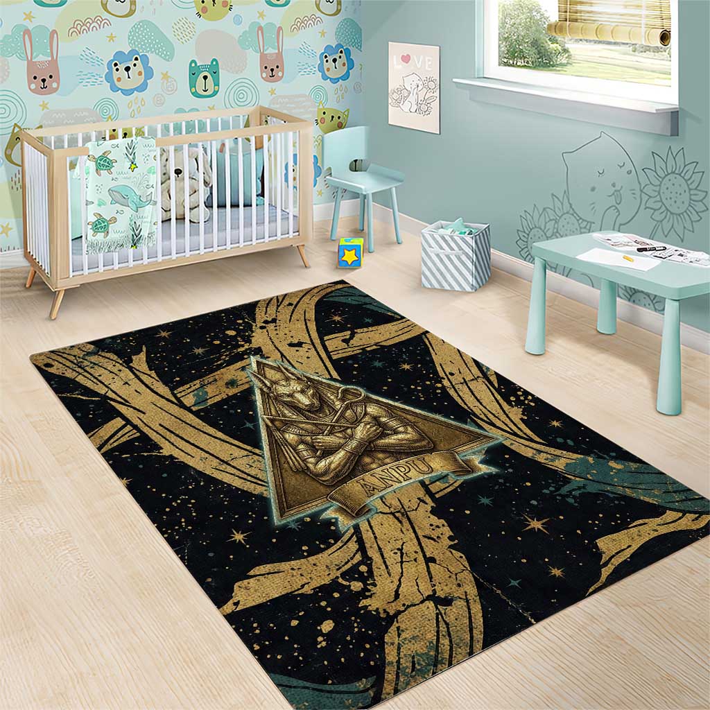 Anubis Ancient Egyptian Area Rug with Starry Mummy Wrap Pattern, Anubis Warrior Illustration, and Pyramid - Wonder Print Shop