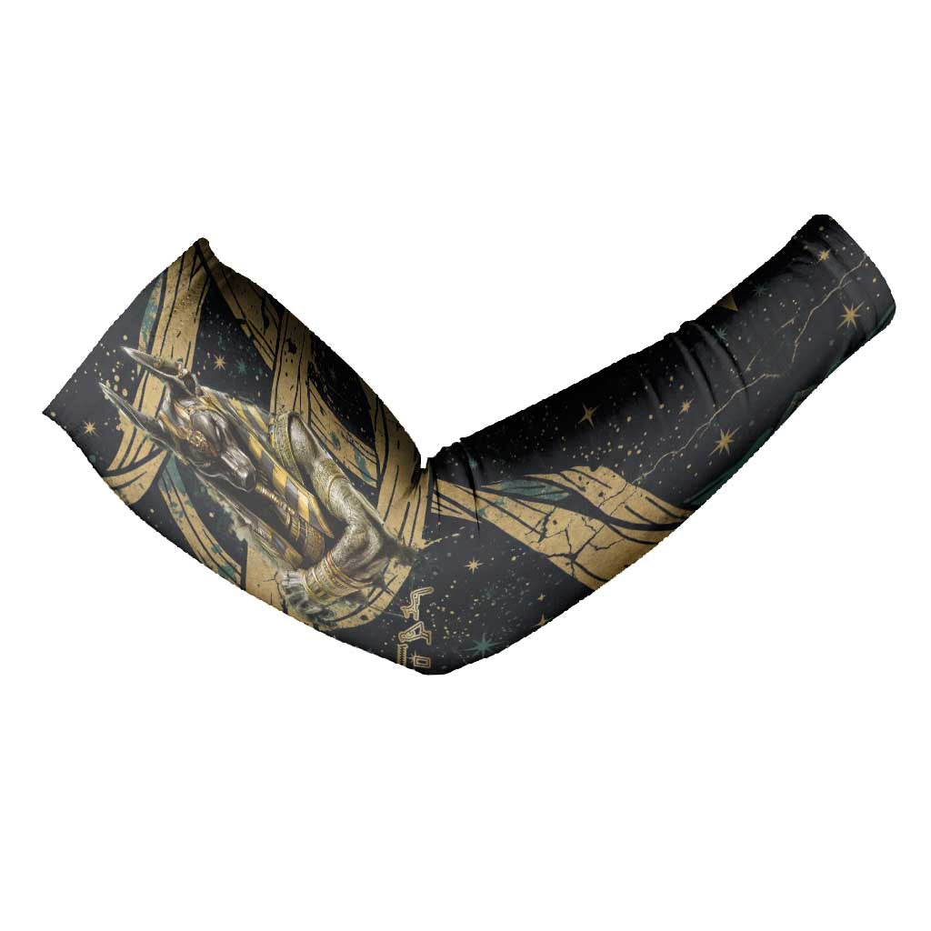 Anubis Ancient Egyptian Arm Sleeves with Starry Mummy Wrap Pattern, Anubis Warrior Illustration, and Pyramid - Wonder Print Shop