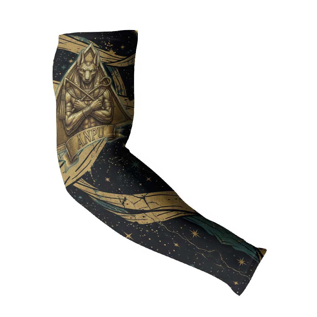 Anubis Ancient Egyptian Arm Sleeves with Starry Mummy Wrap Pattern, Anubis Warrior Illustration, and Pyramid - Wonder Print Shop