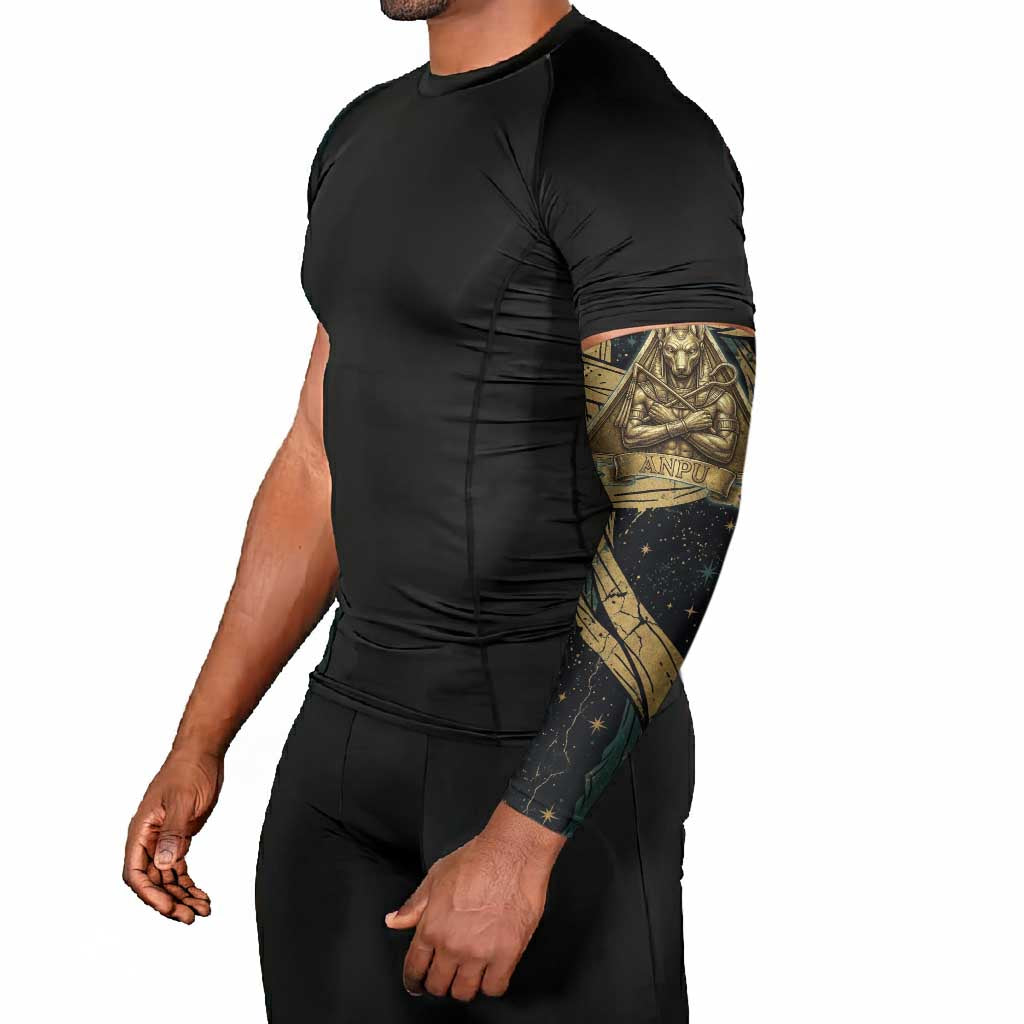 Anubis Ancient Egyptian Arm Sleeves with Starry Mummy Wrap Pattern, Anubis Warrior Illustration, and Pyramid - Wonder Print Shop