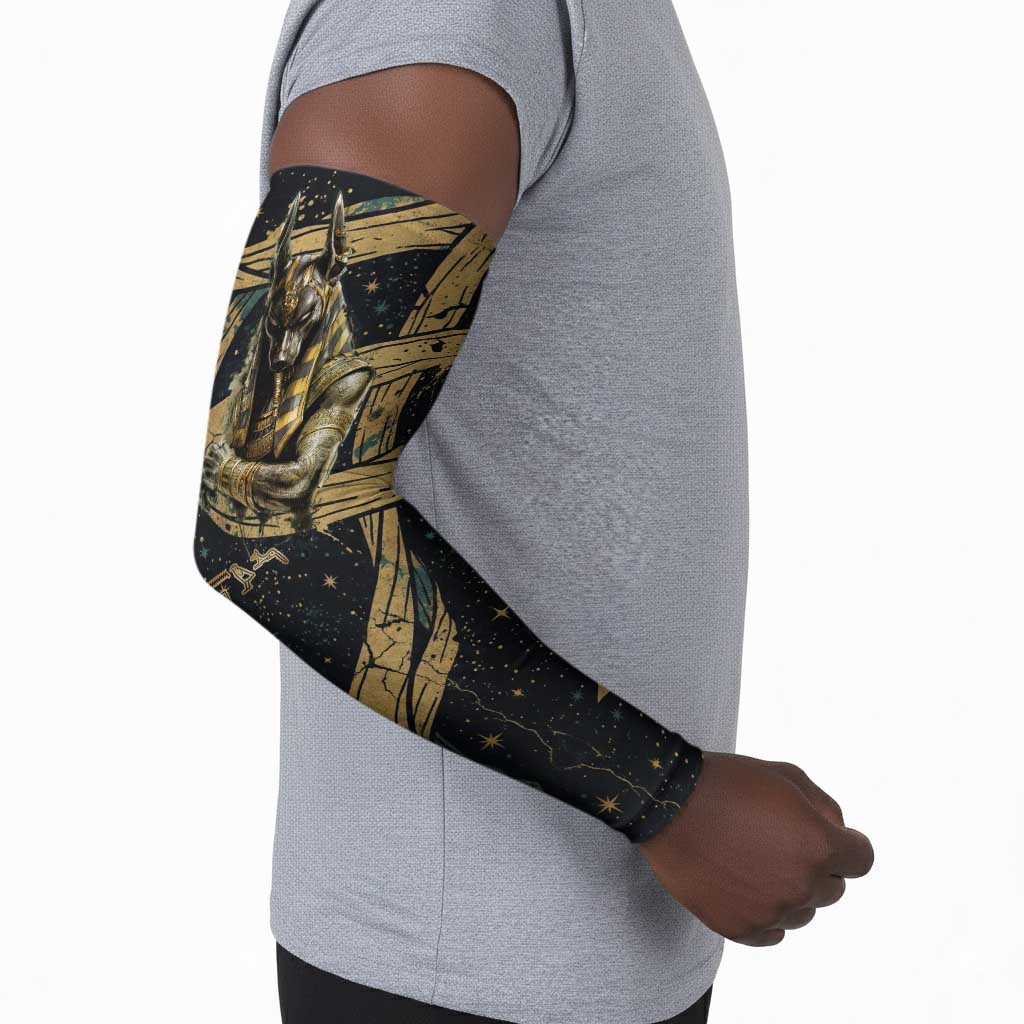 Anubis Ancient Egyptian Arm Sleeves with Starry Mummy Wrap Pattern, Anubis Warrior Illustration, and Pyramid - Wonder Print Shop