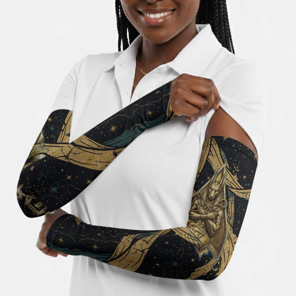 Anubis Ancient Egyptian Arm Sleeves with Starry Mummy Wrap Pattern, Anubis Warrior Illustration, and Pyramid - Wonder Print Shop