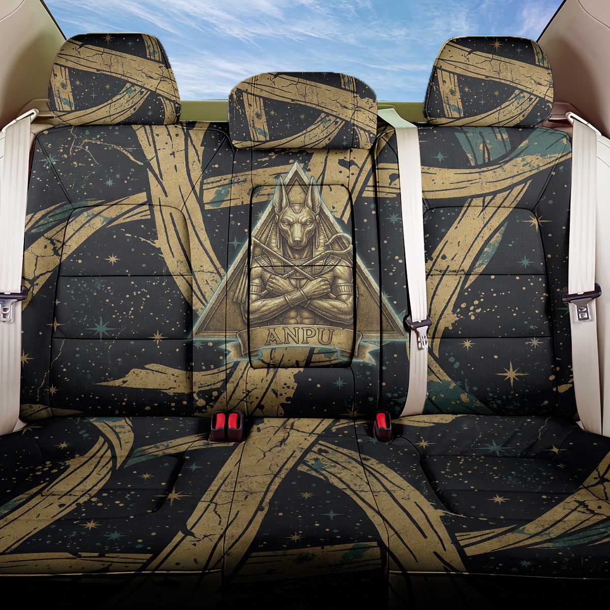 Anubis Ancient Egyptian Back Car Seat Cover with Starry Mummy Wrap Pattern, Anubis Warrior Illustration, and Pyramid - Wonder Print Shop