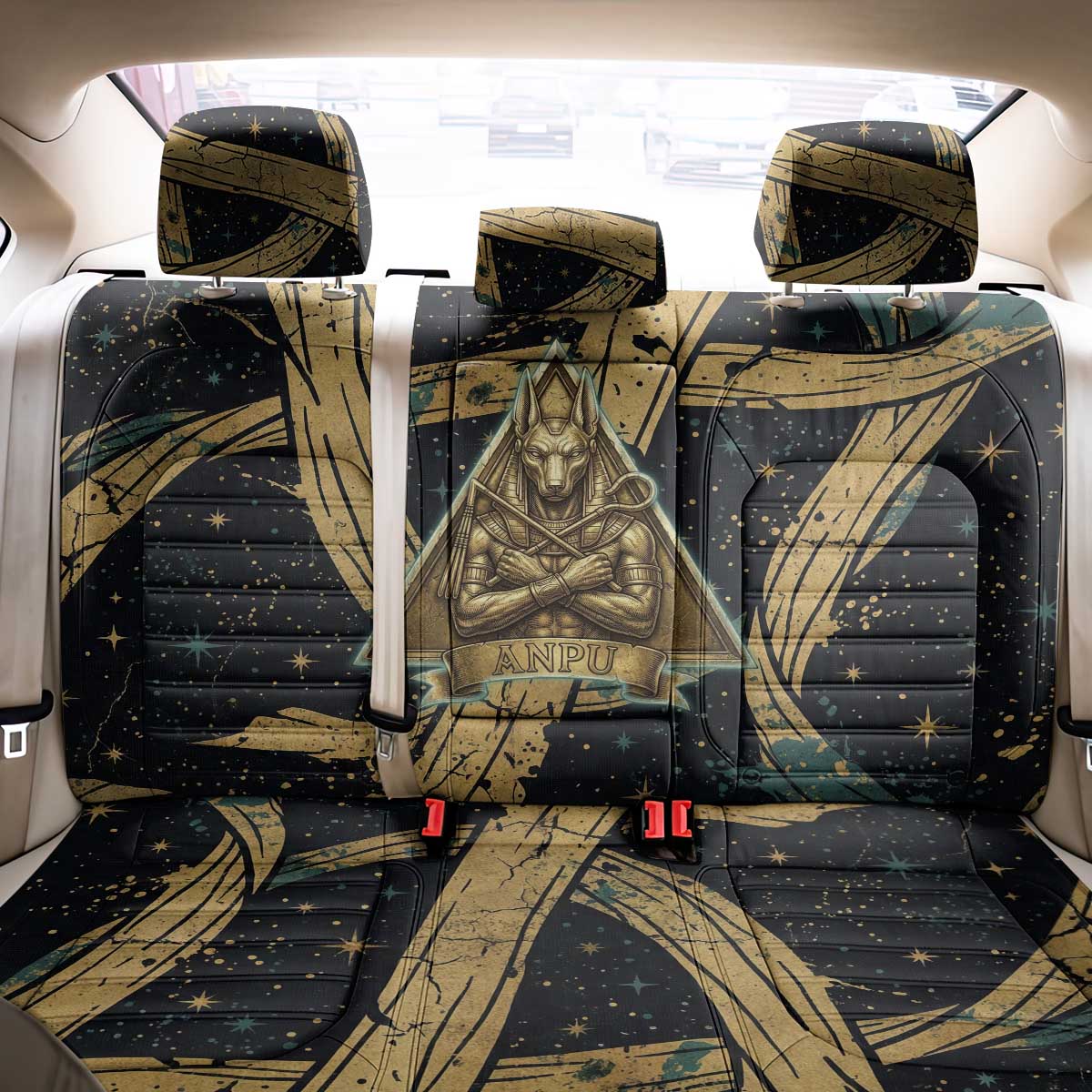 Anubis Ancient Egyptian Back Car Seat Cover with Starry Mummy Wrap Pattern, Anubis Warrior Illustration, and Pyramid - Wonder Print Shop