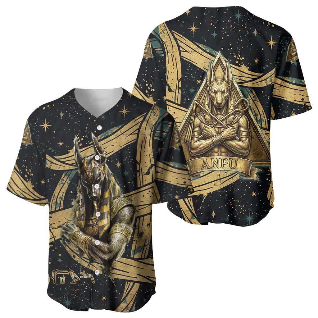 Anubis Ancient Egyptian Baseball Jersey with Starry Mummy Wrap Pattern, Anubis Warrior Illustration, and Pyramid - Wonder Print Shop
