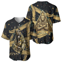 Anubis Ancient Egyptian Baseball Jersey with Starry Mummy Wrap Pattern, Anubis Warrior Illustration, and Pyramid - Wonder Print Shop