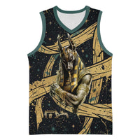 Anubis Ancient Egyptian Basketball Jersey with Starry Mummy Wrap Pattern, Anubis Warrior Illustration, and Pyramid - Wonder Print Shop