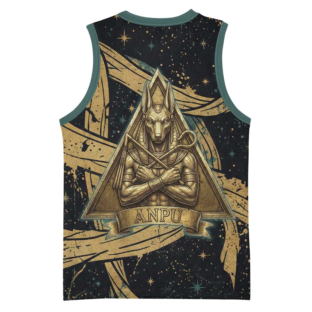 Anubis Ancient Egyptian Basketball Jersey with Starry Mummy Wrap Pattern, Anubis Warrior Illustration, and Pyramid - Wonder Print Shop