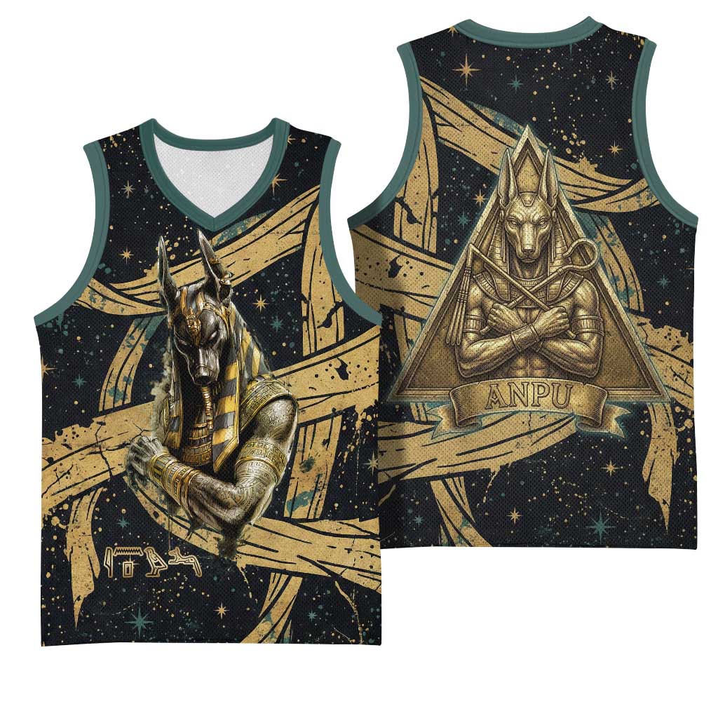 Anubis Ancient Egyptian Basketball Jersey with Starry Mummy Wrap Pattern, Anubis Warrior Illustration, and Pyramid - Wonder Print Shop