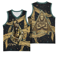 Anubis Ancient Egyptian Basketball Jersey with Starry Mummy Wrap Pattern, Anubis Warrior Illustration, and Pyramid - Wonder Print Shop