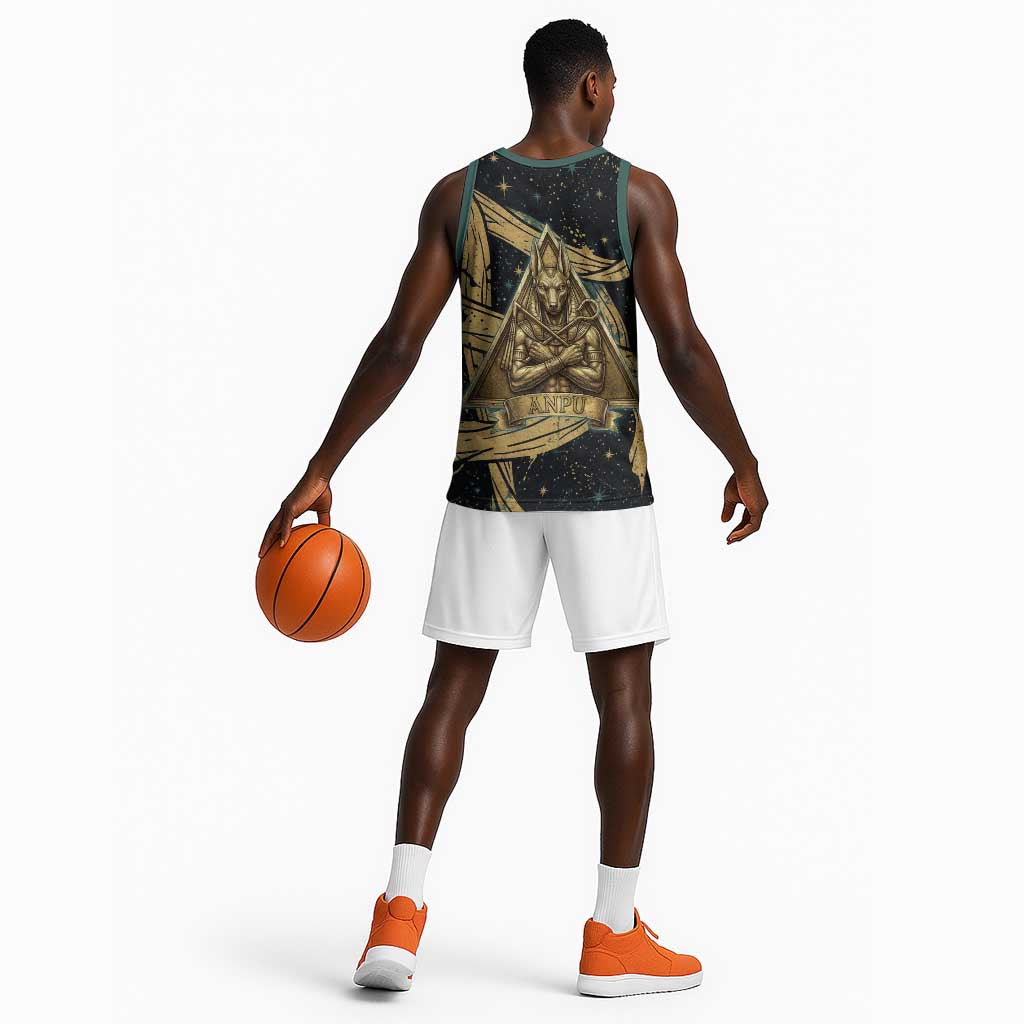 Anubis Ancient Egyptian Basketball Jersey with Starry Mummy Wrap Pattern, Anubis Warrior Illustration, and Pyramid - Wonder Print Shop